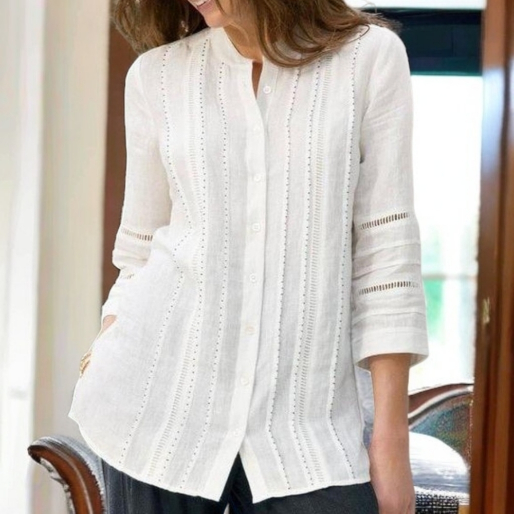 NWOT SOFT SURROUNDINGS ( S ) Willow White 3/4 Sleeve Tunic Button Up Beaded
